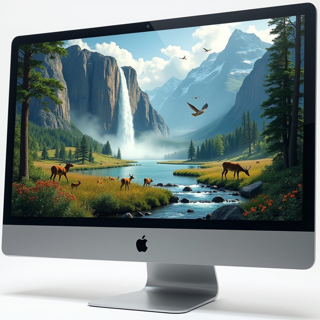 Hyper-Realistic Waterfall Landscape on Apple iMac Screen