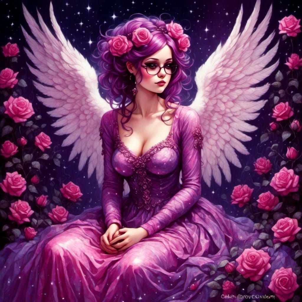 Enchanted Angel Praying in Glittery Rose Garden
