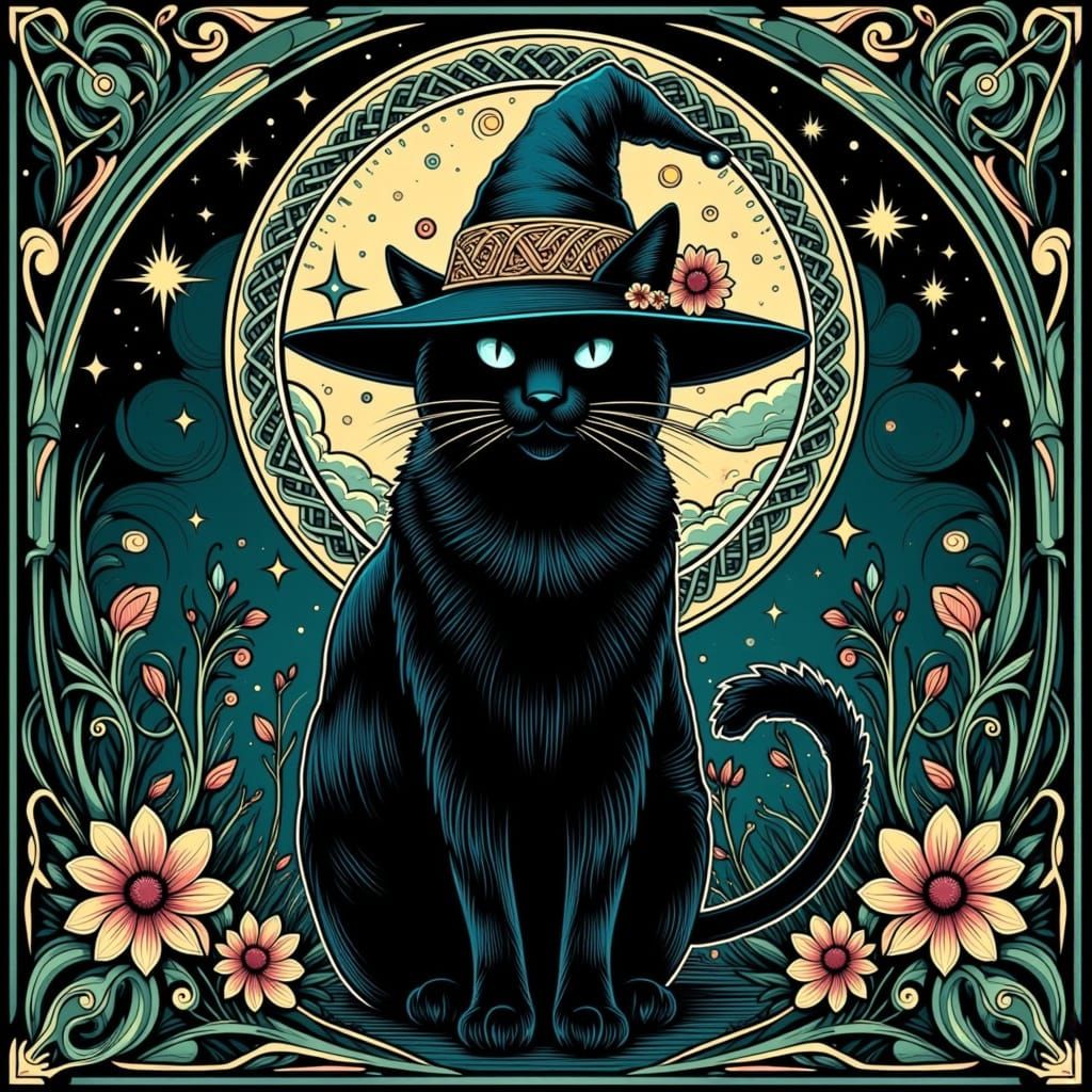 Neo-Traditional Cat in Celtic Knotwork with Witch Hat
