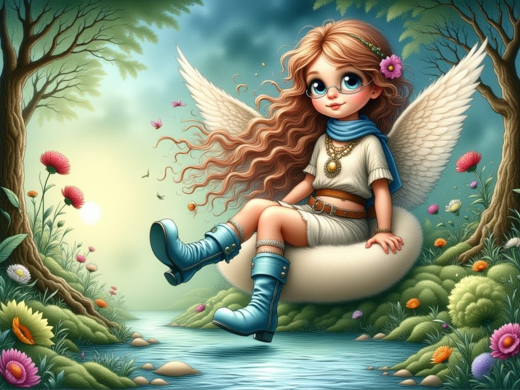 Whimsical Fairy in Bohemian Attire Sits in Cloud Chair by Se...