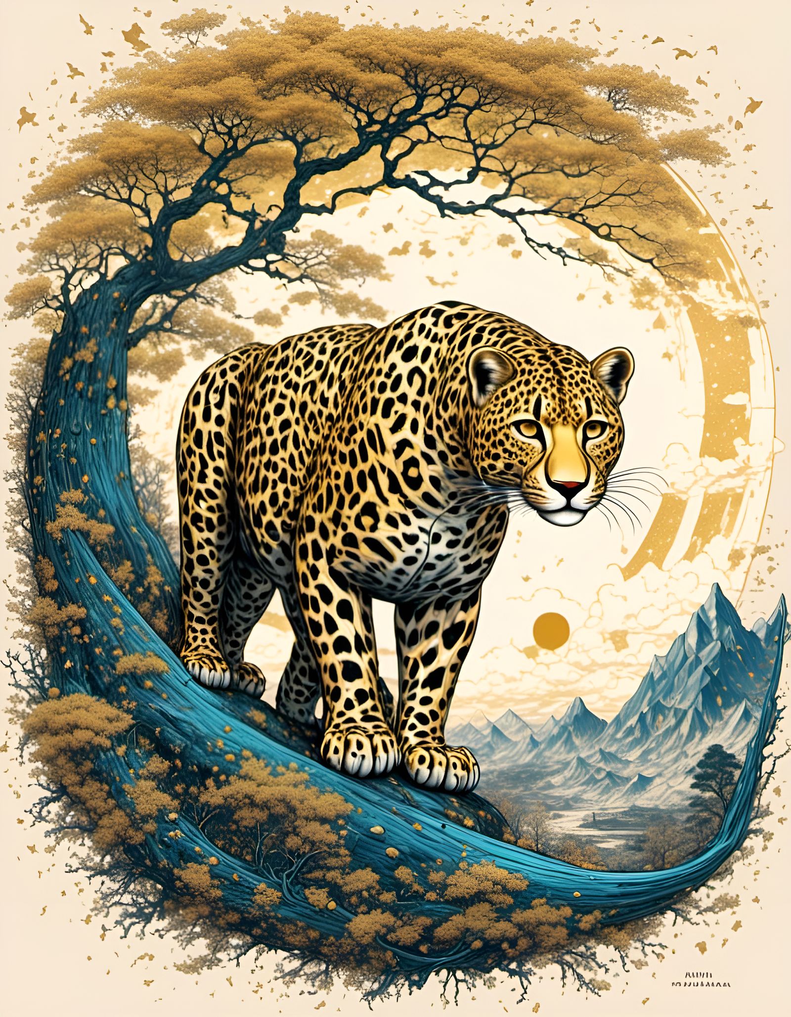 Ukiyo-e Leopards Amidst Opulent Jungle Vegetation