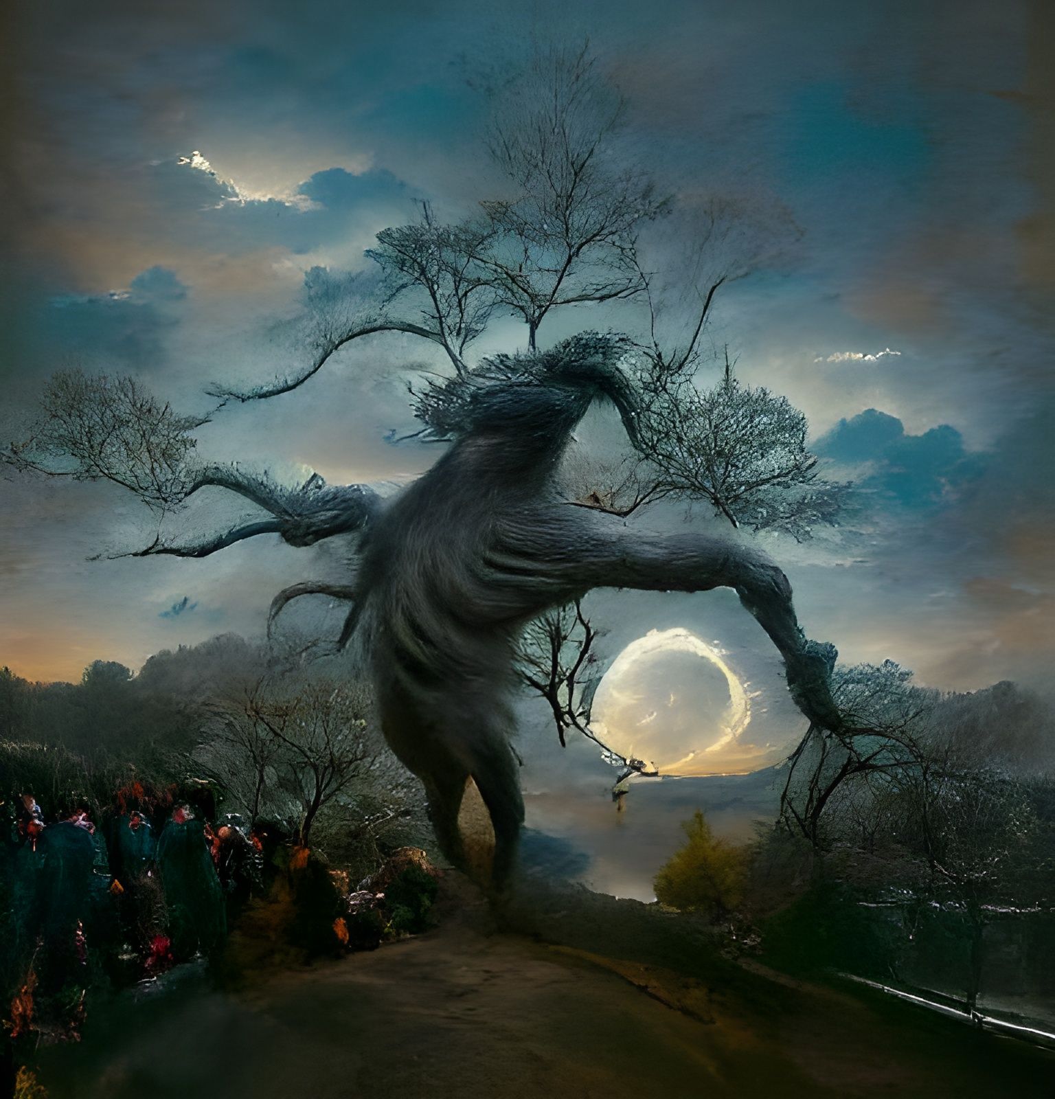 Great Tree Catches Full Moon: Hyperrealistic Art