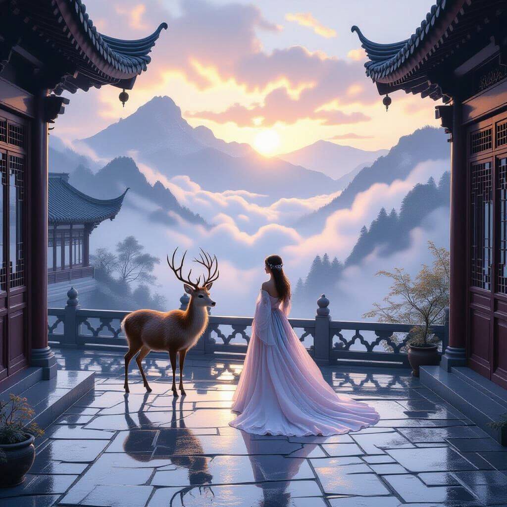 Misty Mountain Sunrise With Deer and Girl
