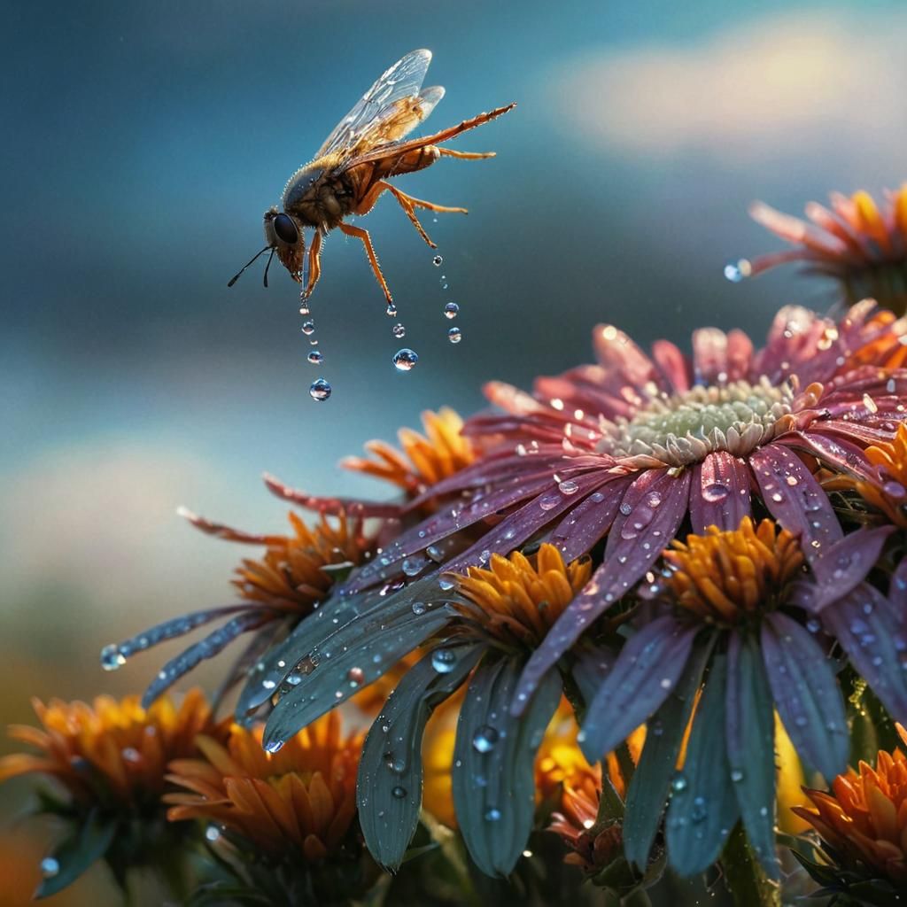 Macro Insect Pollinating Daisy with Dew Drops