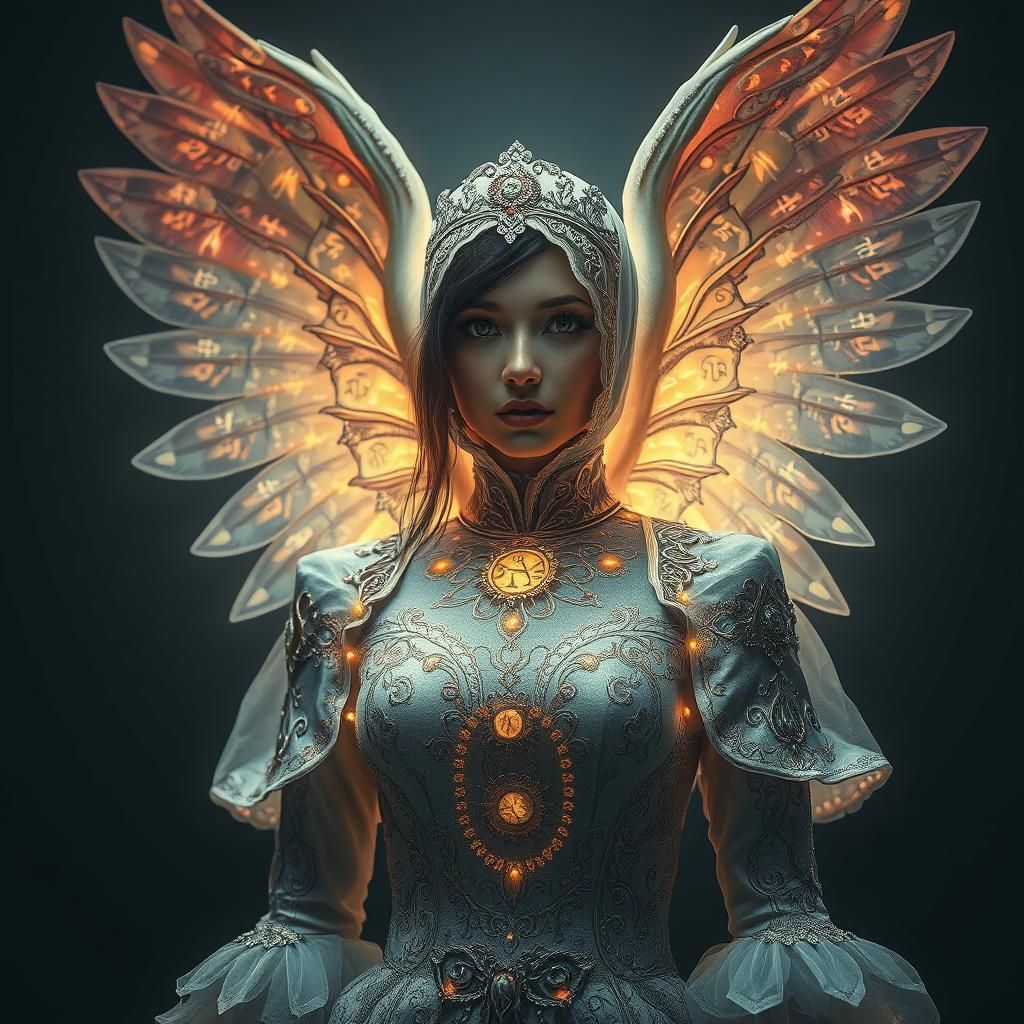 Woman Shielded by Ethereal Wings in Dramatic Style