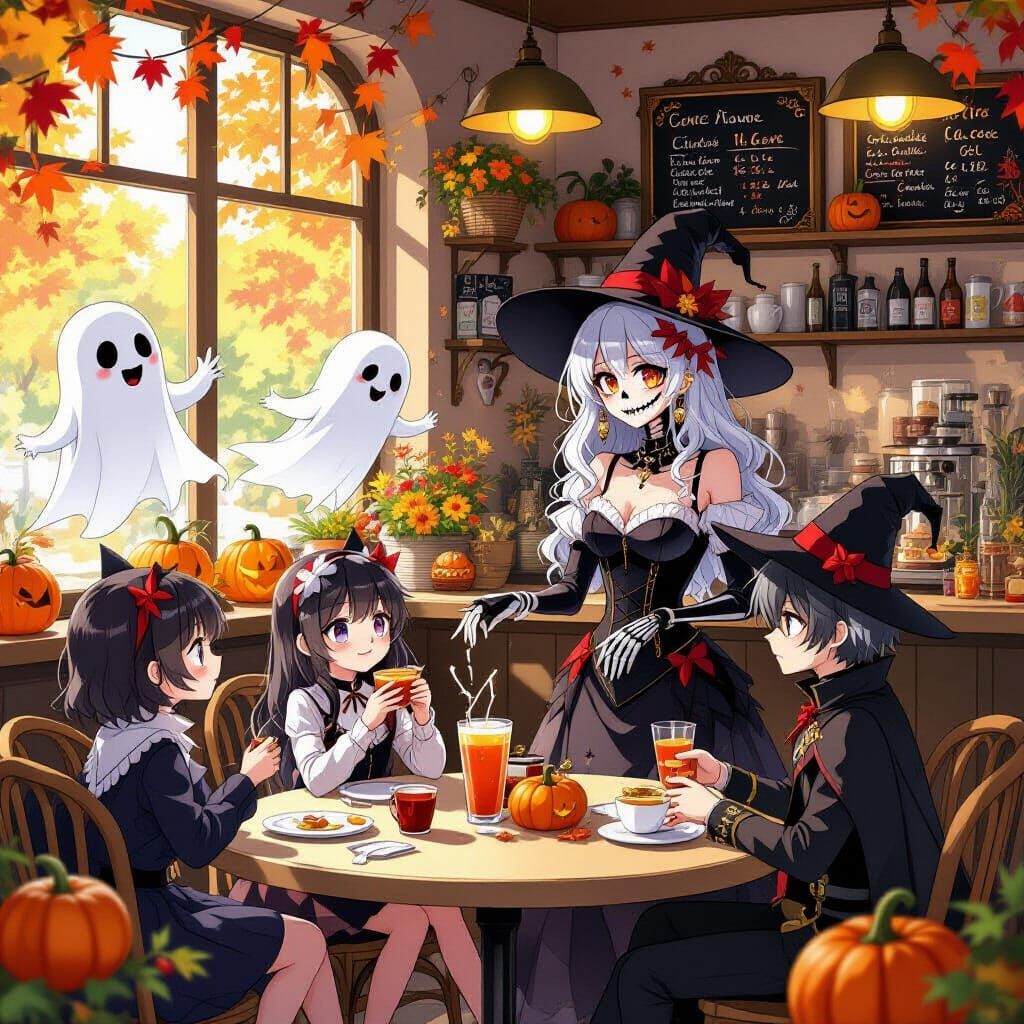 Anime Halloween Cafe with Goth Vampire Boy
