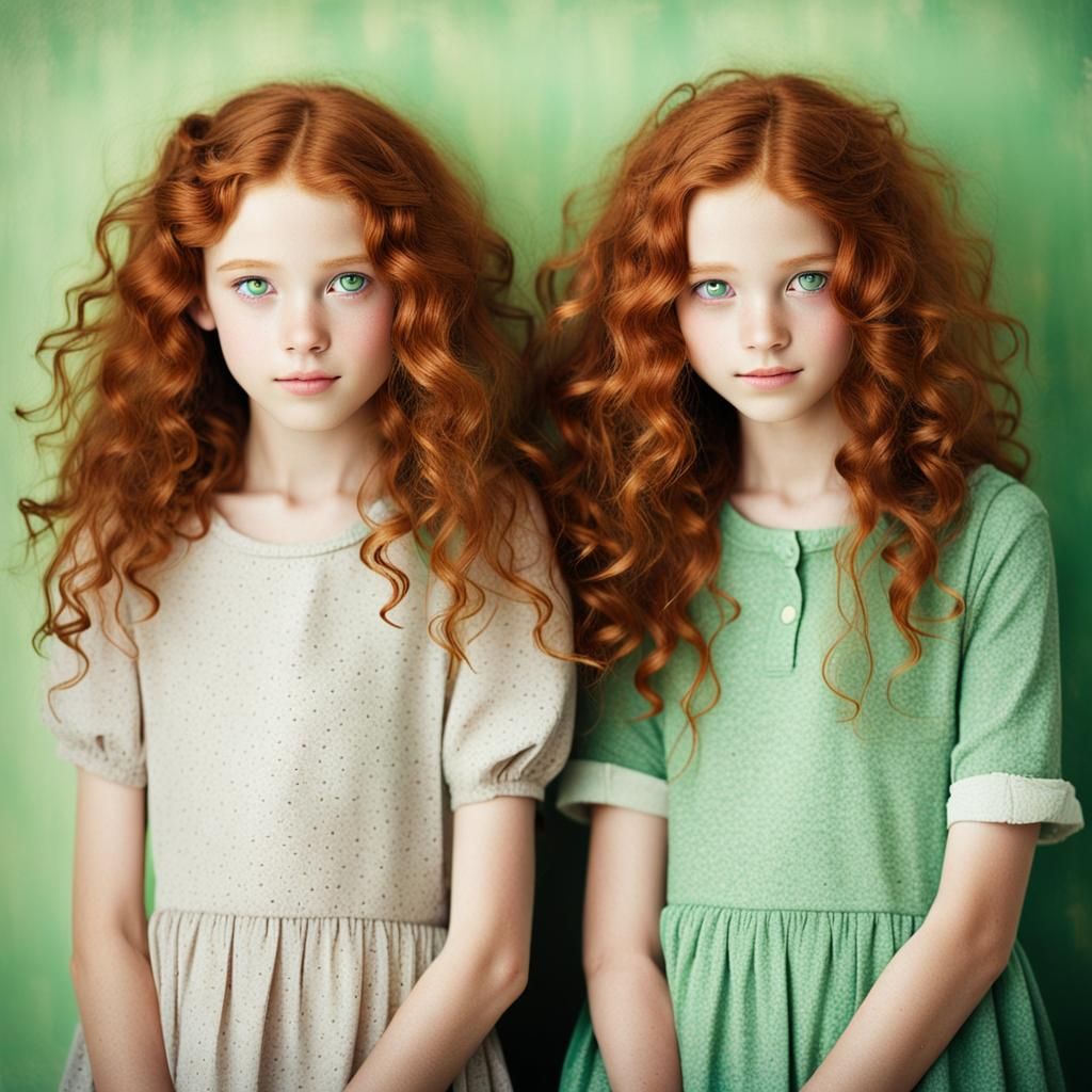 Red-Haired Twin Girls with Freckles and Green Eyes