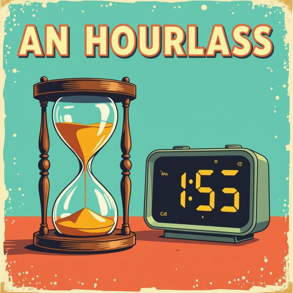 Hourglass vs Digital Clock in Retro Poster Style