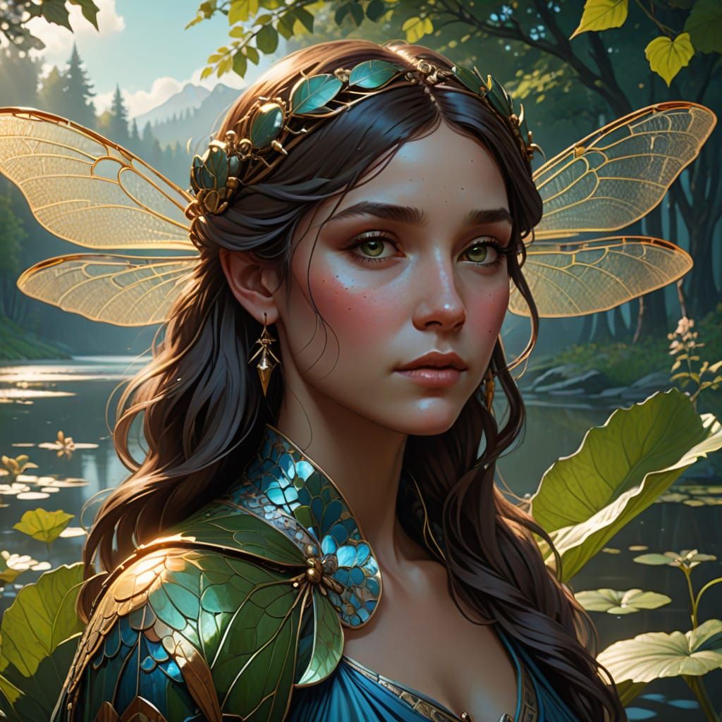 Ethereal Dragonfly Portrait in Art Nouveau Style