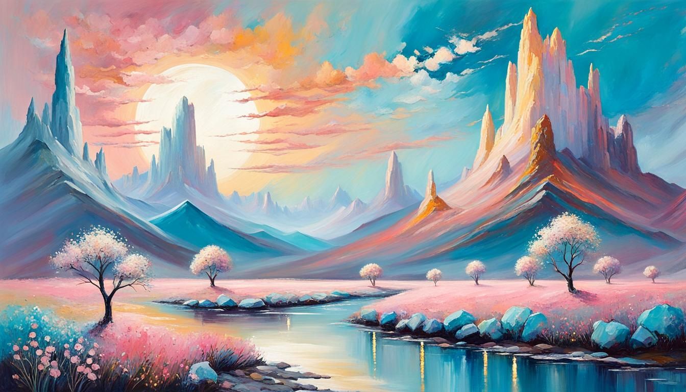 Dreamlike Pastel Landscape with Metallic Details