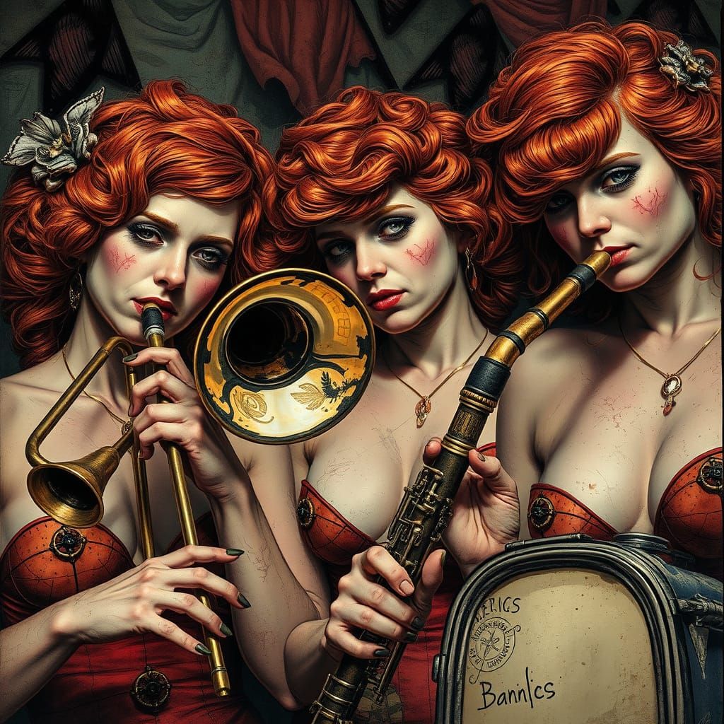 Fantasy Circus Band of Redhead Women in Dark Gritty Style