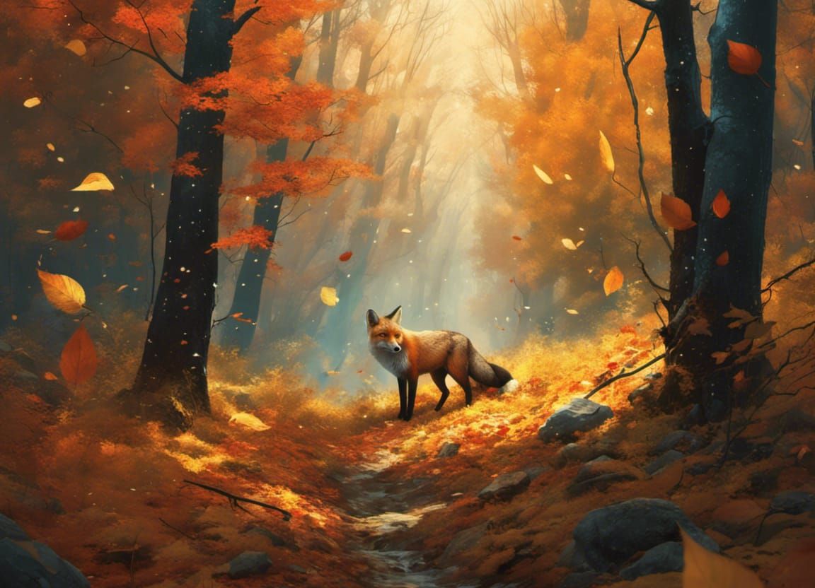 Fox Between Autumn and Winter Forests