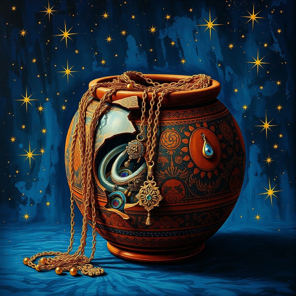 Handmade ancient ornamented terracotta pot, a big broken part of the potshows the shiny and blinking jewelry, some gold....