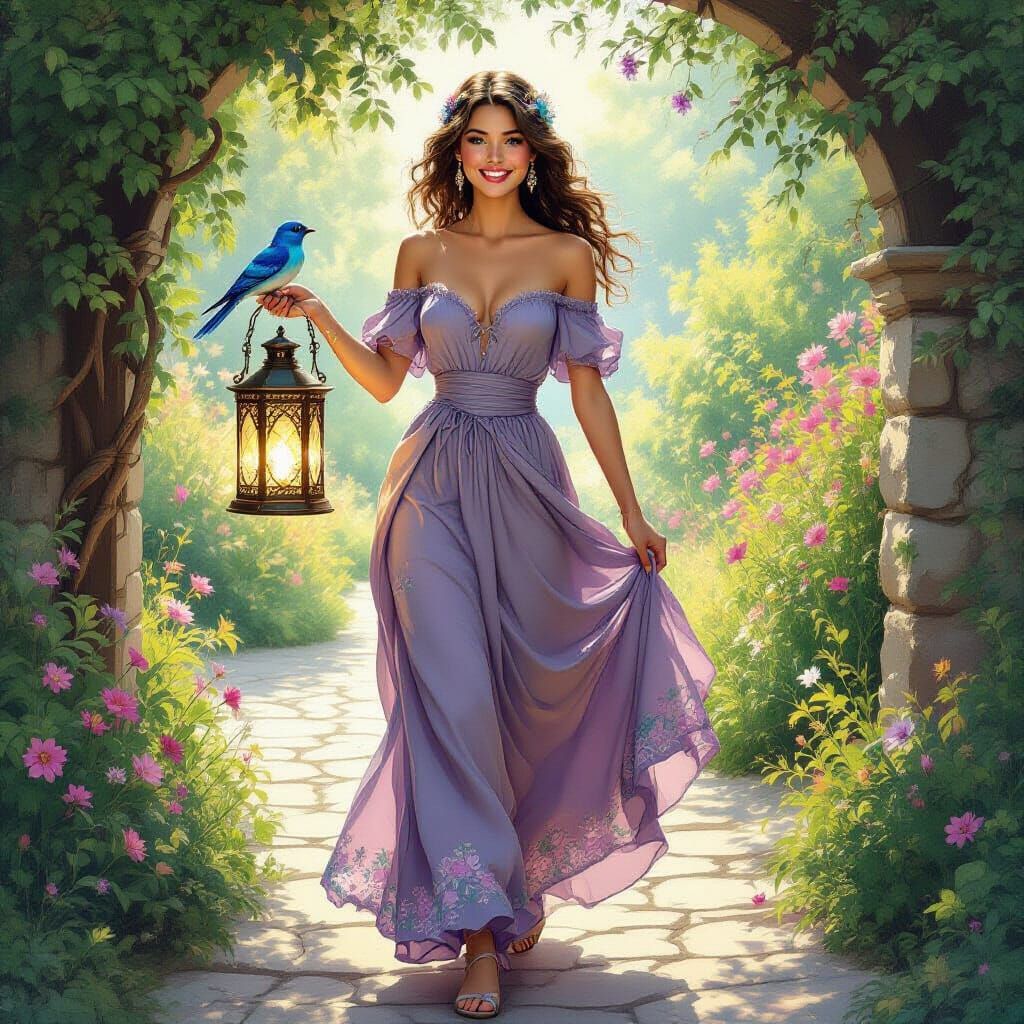 Elegant Woman with Lantern in Floral Alley