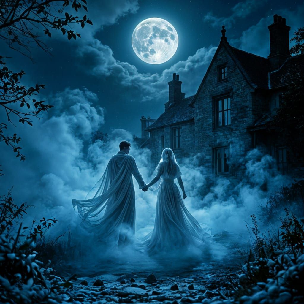 Ethereal Ghosts Hold Hands Rising from Fog at English Manor
