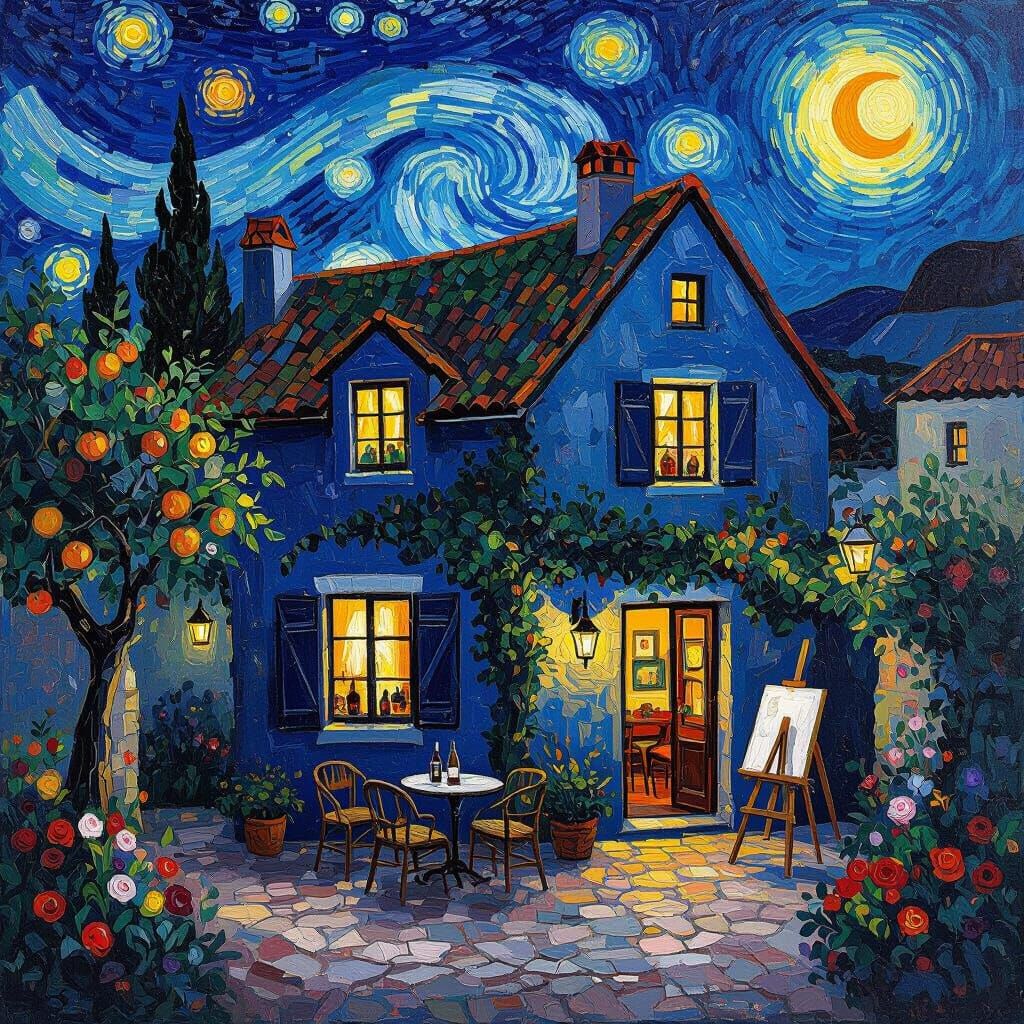 European House at Night in Van Gogh Style