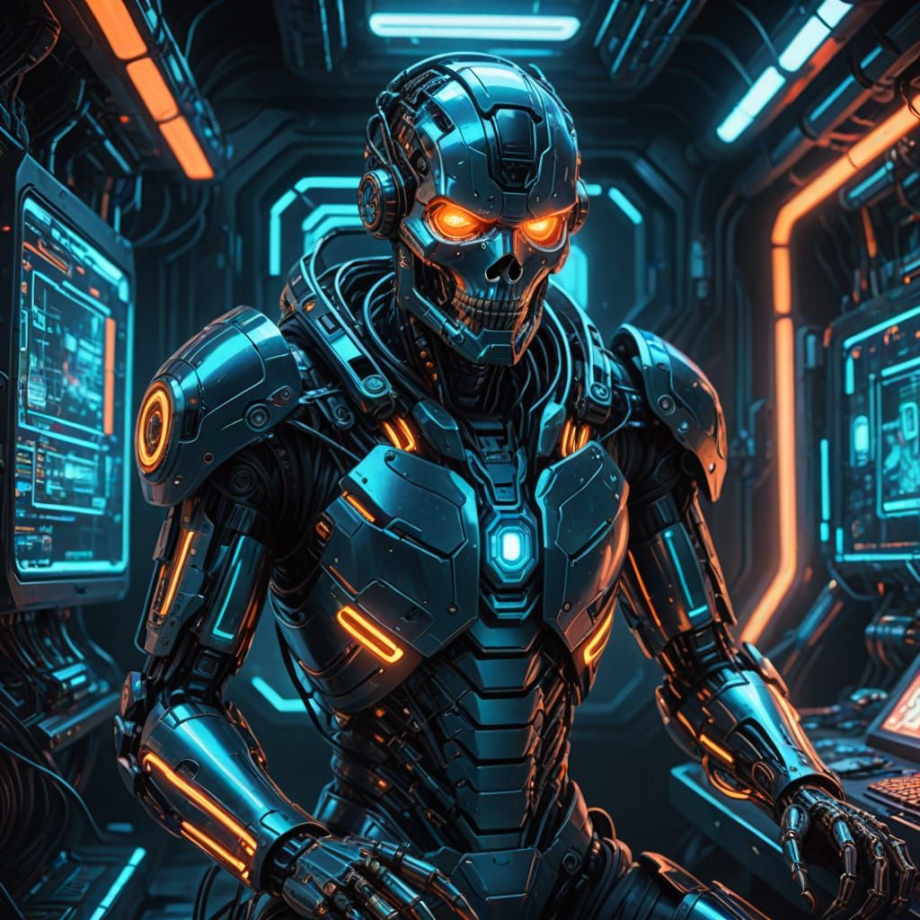 Futuristic AI Cyborg in Neon-Lit Space Ship