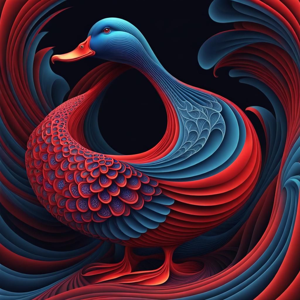 Abstract Blue and Red Duck with Fractal Design