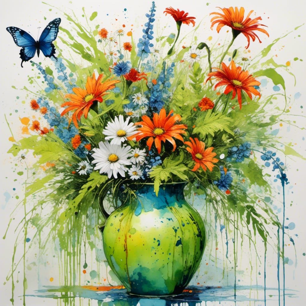 Lime Vase with Lilies and Watercolor Accents