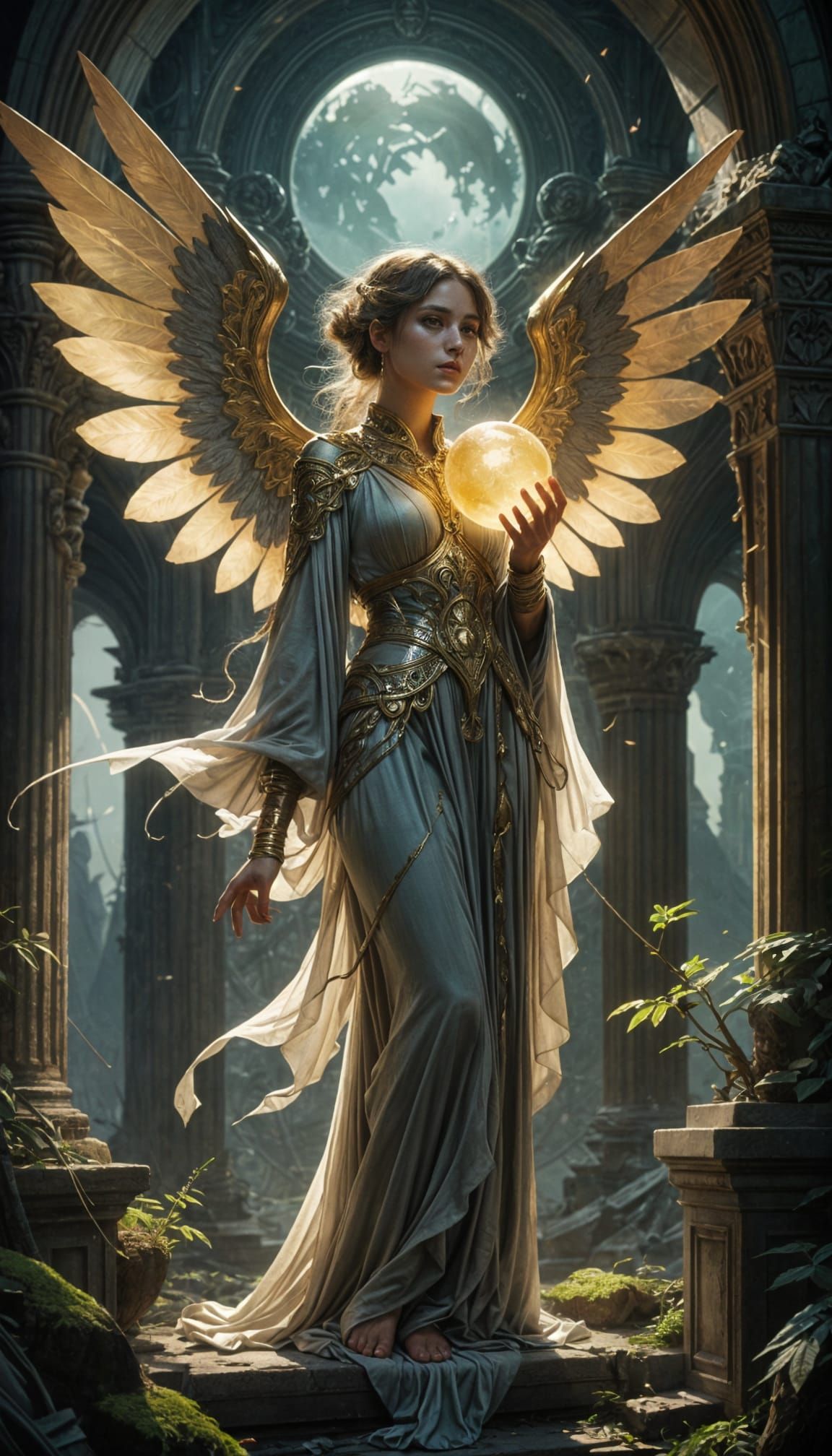 Ethereal Winged Woman With Orb on Ancient Ruins