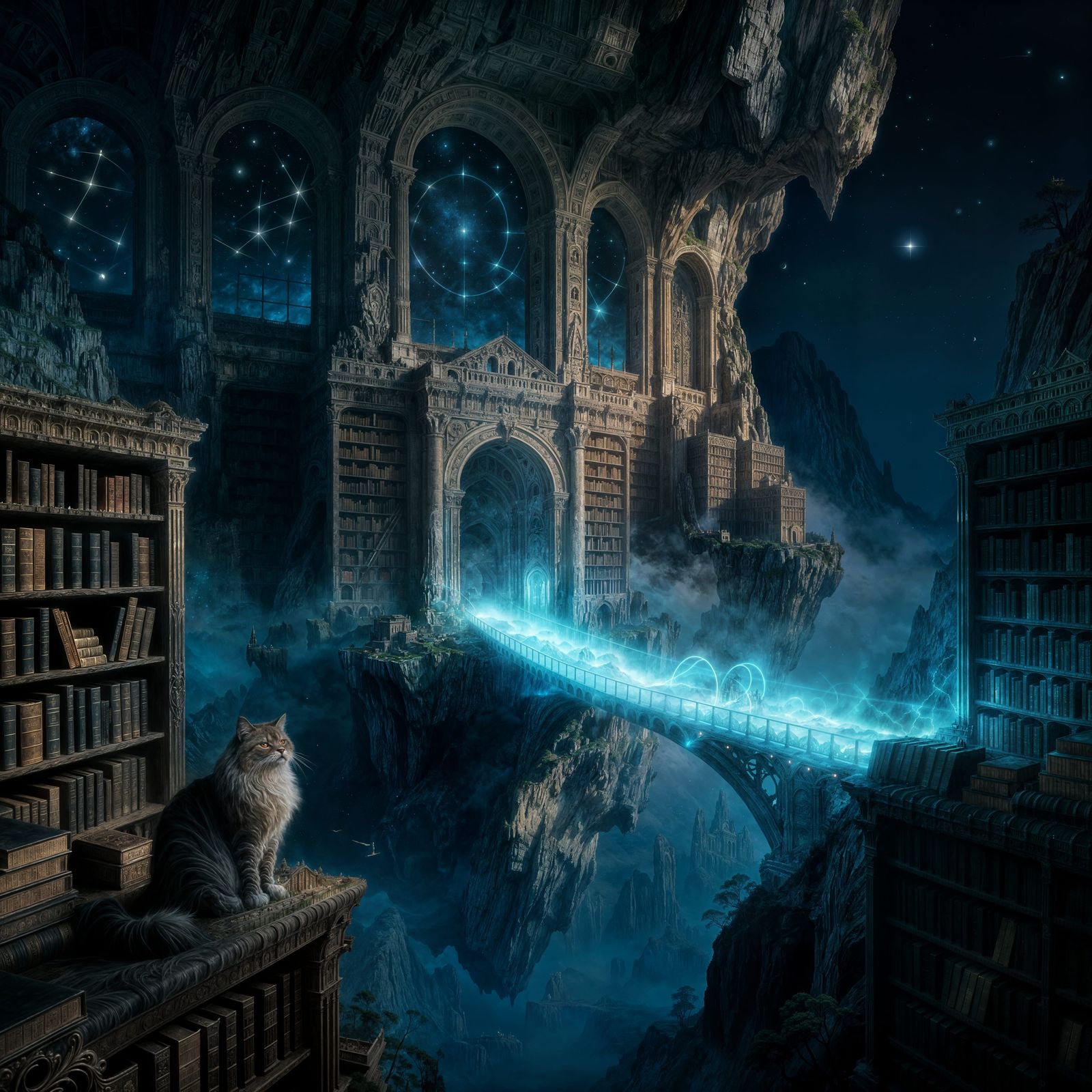 Ancient Floating Library Guarded by Persian Cat at Night
