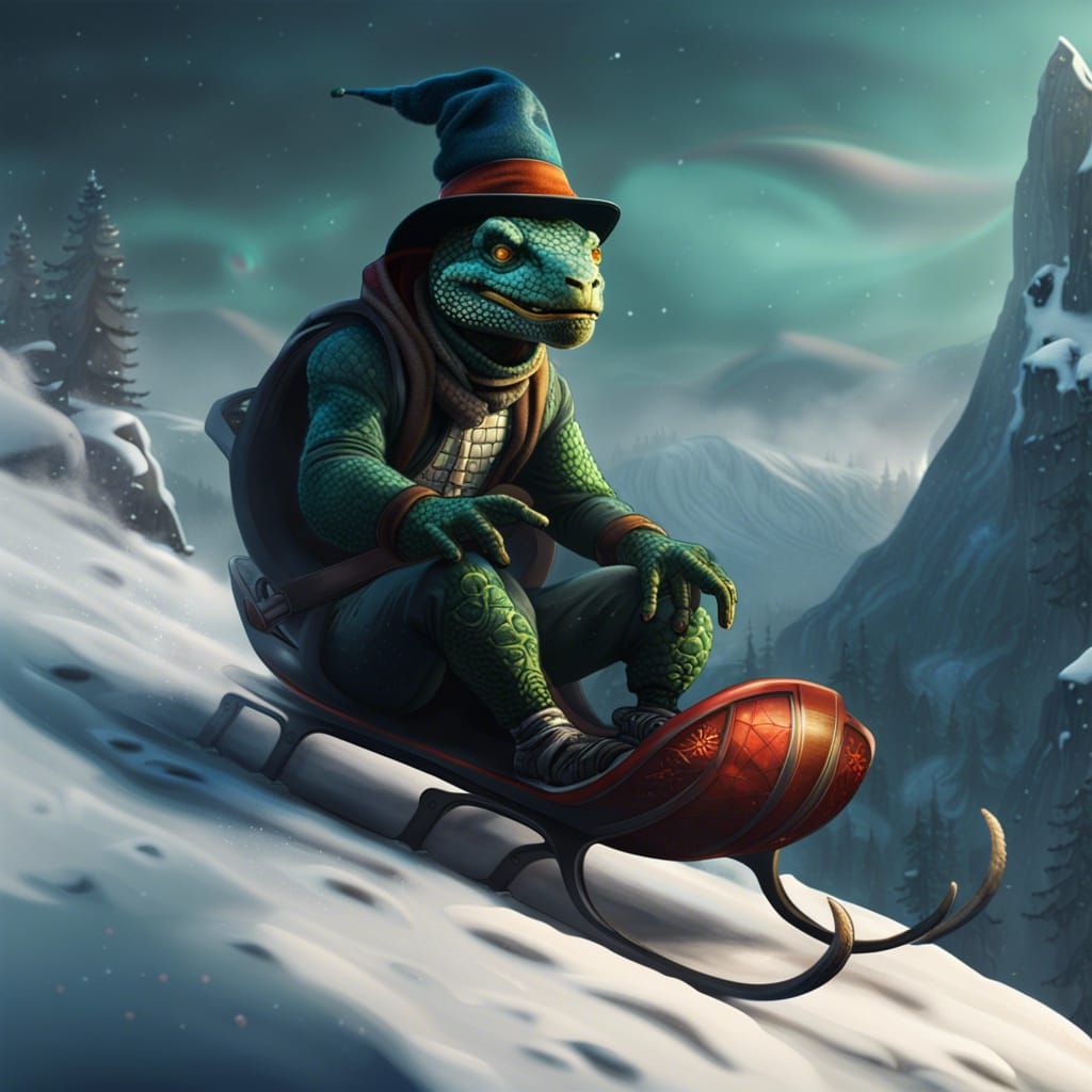 Reptile Sledding on Mountain in Noir Style