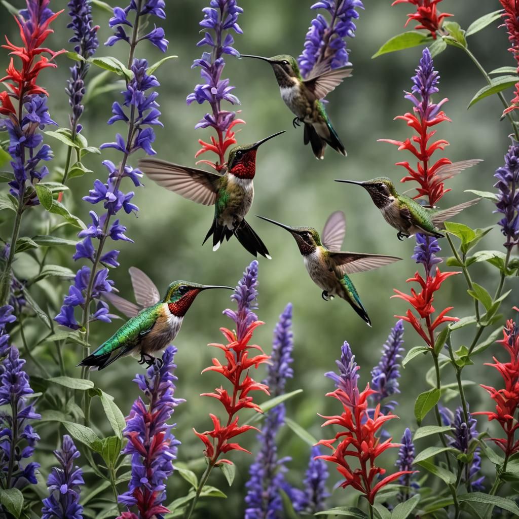 Vibrant Hummingbirds Thrive Amidst Salvia Bloom
