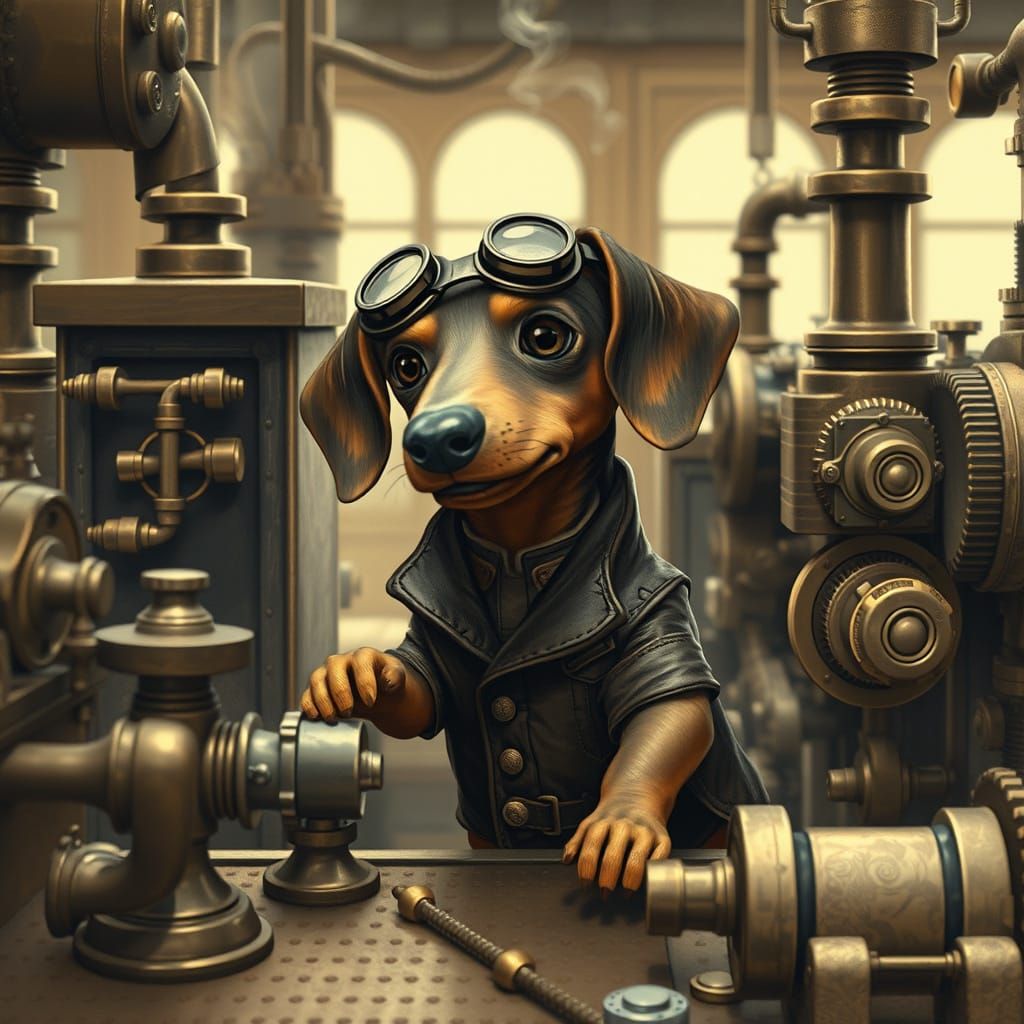Steampunk Dachshund Inventor in Victorian Factory