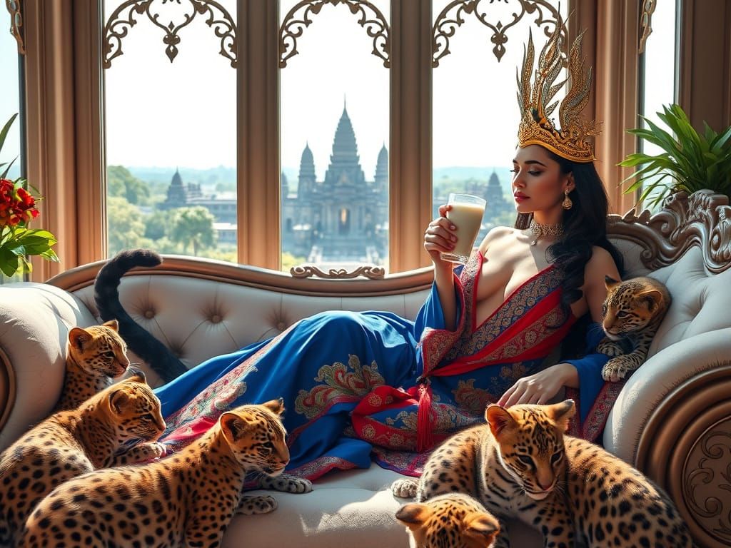 Cambodian Cat-Girl Lounging with Leopard Cubs