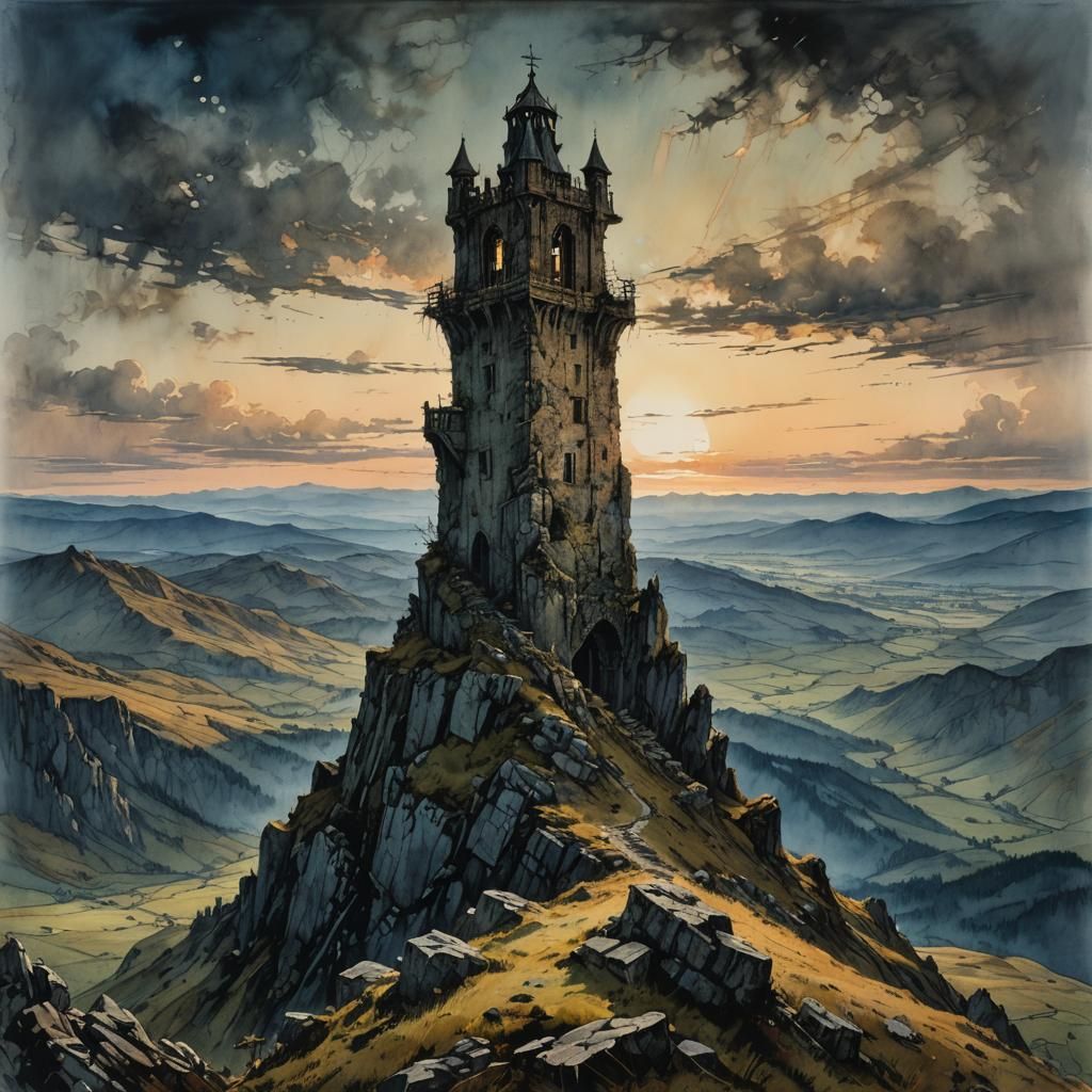 Ruined Tower on Mountain Peak in Soft Light