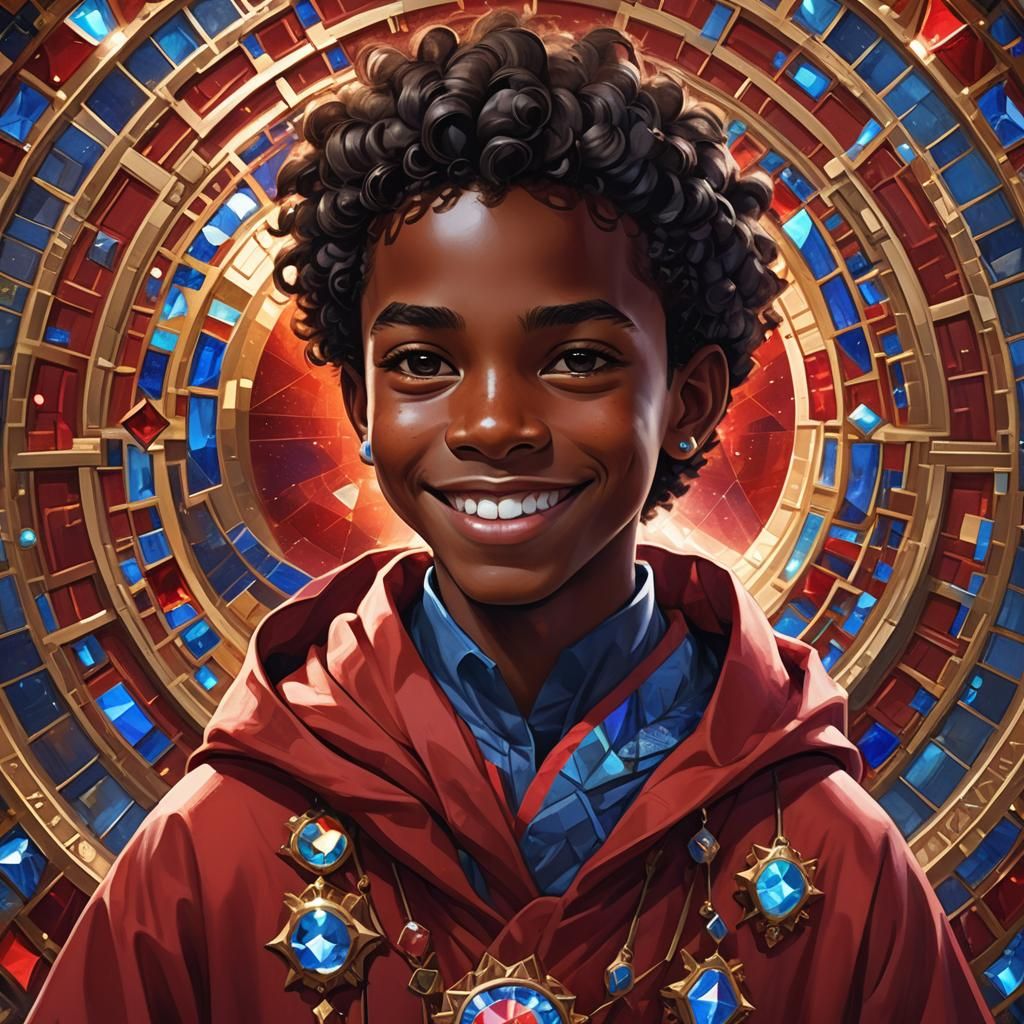Confident Boy with Kaleidoscope Crystal Background