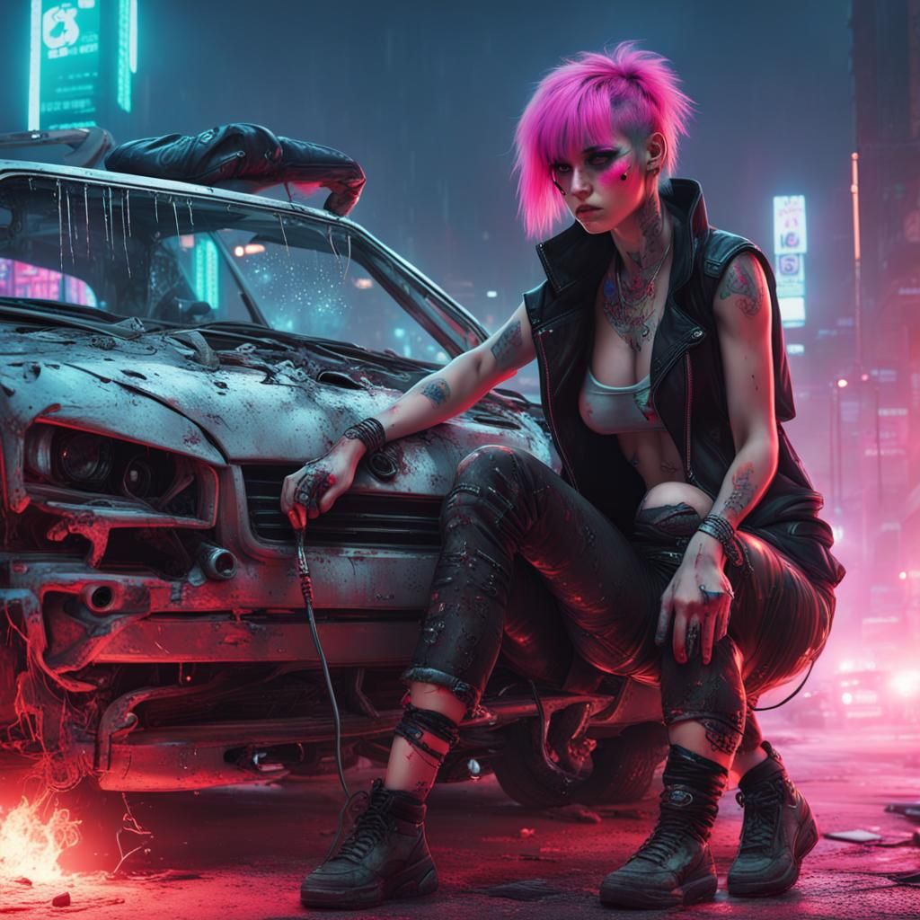Emo Girl Destroys Car in Cyberpunk Neon Style