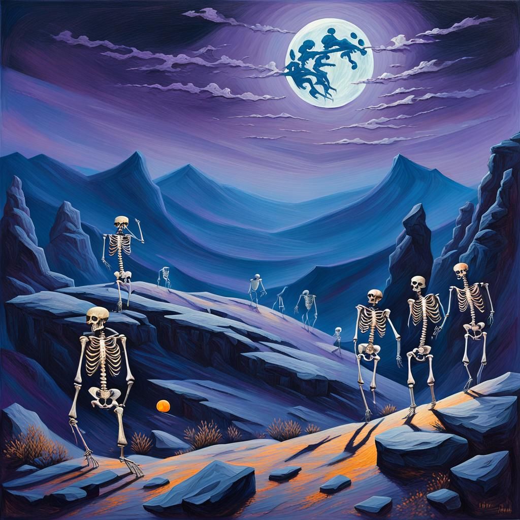 Ghostly Skeletons Dance on Bald Mountain as Oil Painting