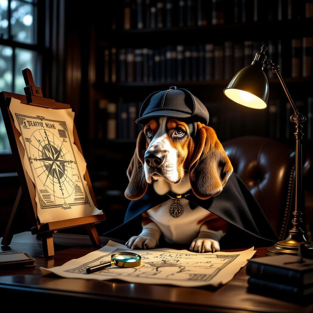 Basset Hound as Sherlock Holmes in Victorian Study