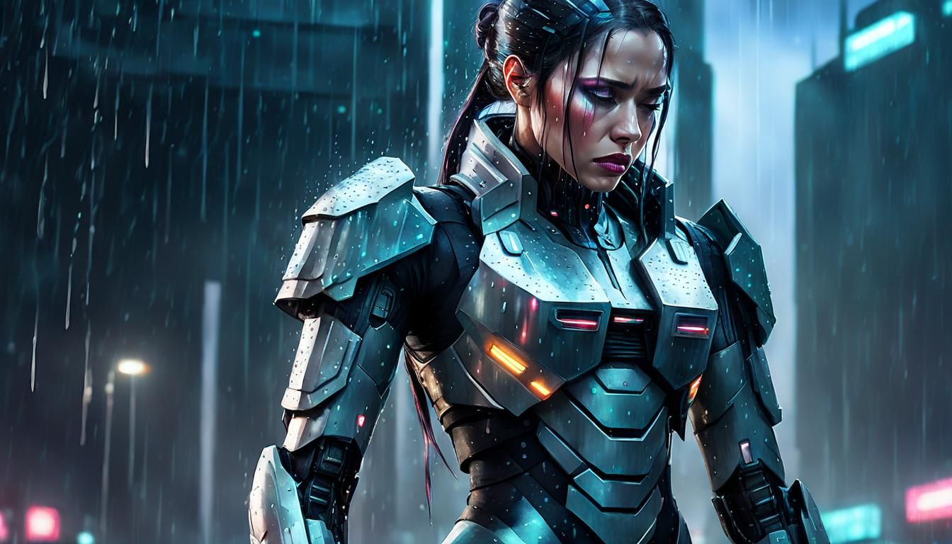 Cyborg Crying in Dystopian City Rain, Digital Watercolor