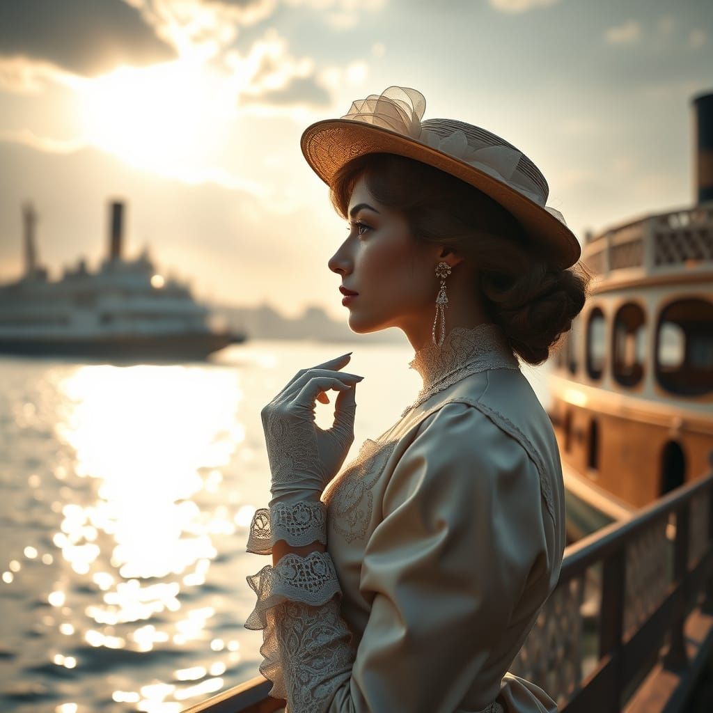 Victorian Woman Gazes at Steamboat in Cinematic Style