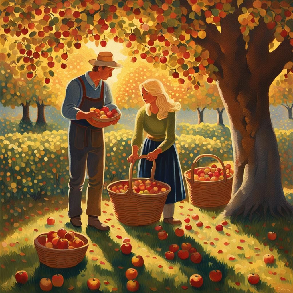 Apple Orchard Scene in Pointillism Style