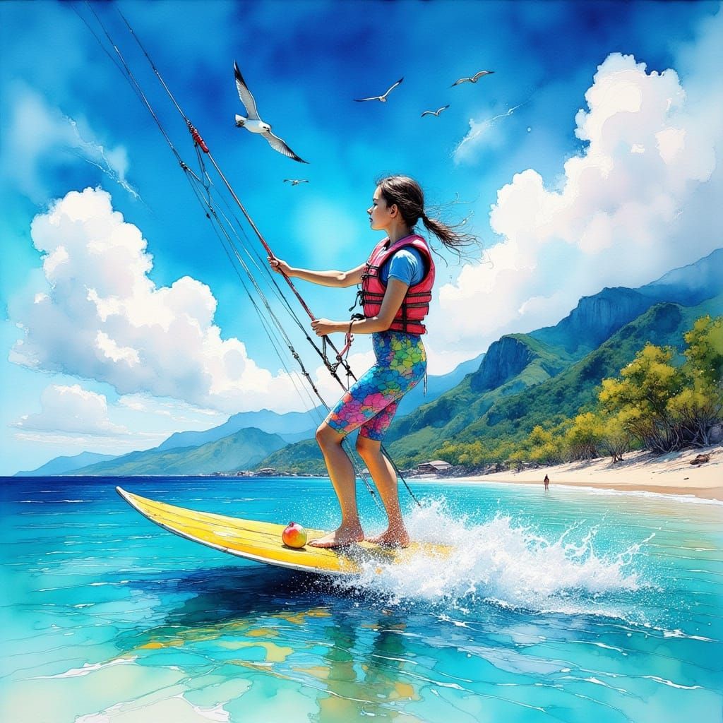 Singaporean Lady Windsurfing in Impressionist Style