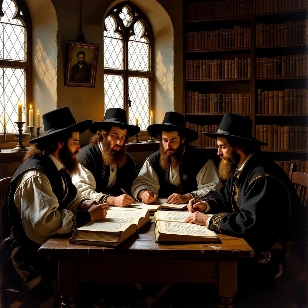 Scholars Engaged in Candlelit Discussion