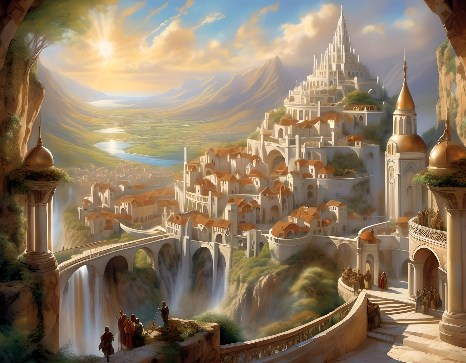 Minas Tirith Watercolor Illustration in Art Deco Style