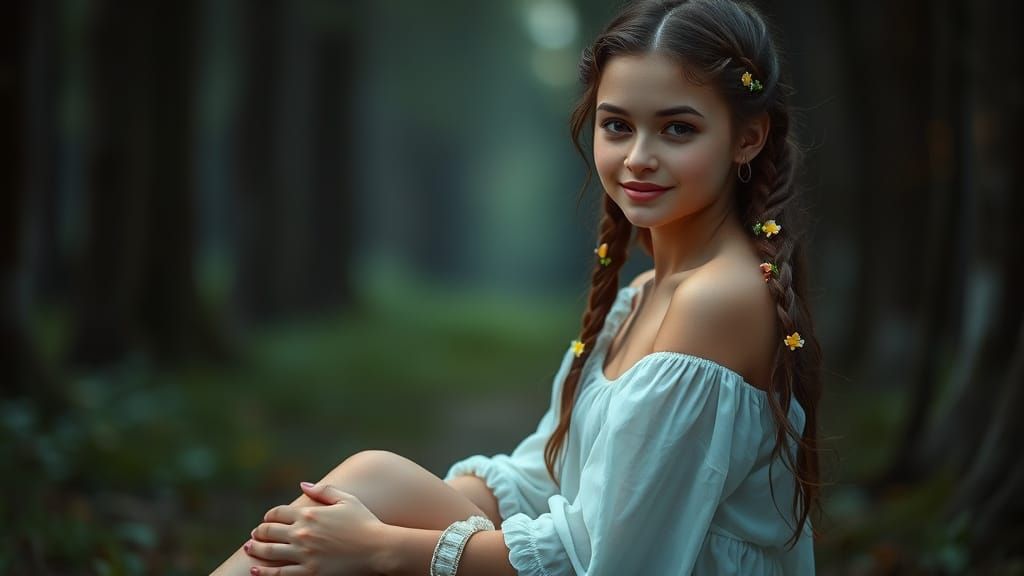 Ethereal Portrait of Woman with Braided Flowers