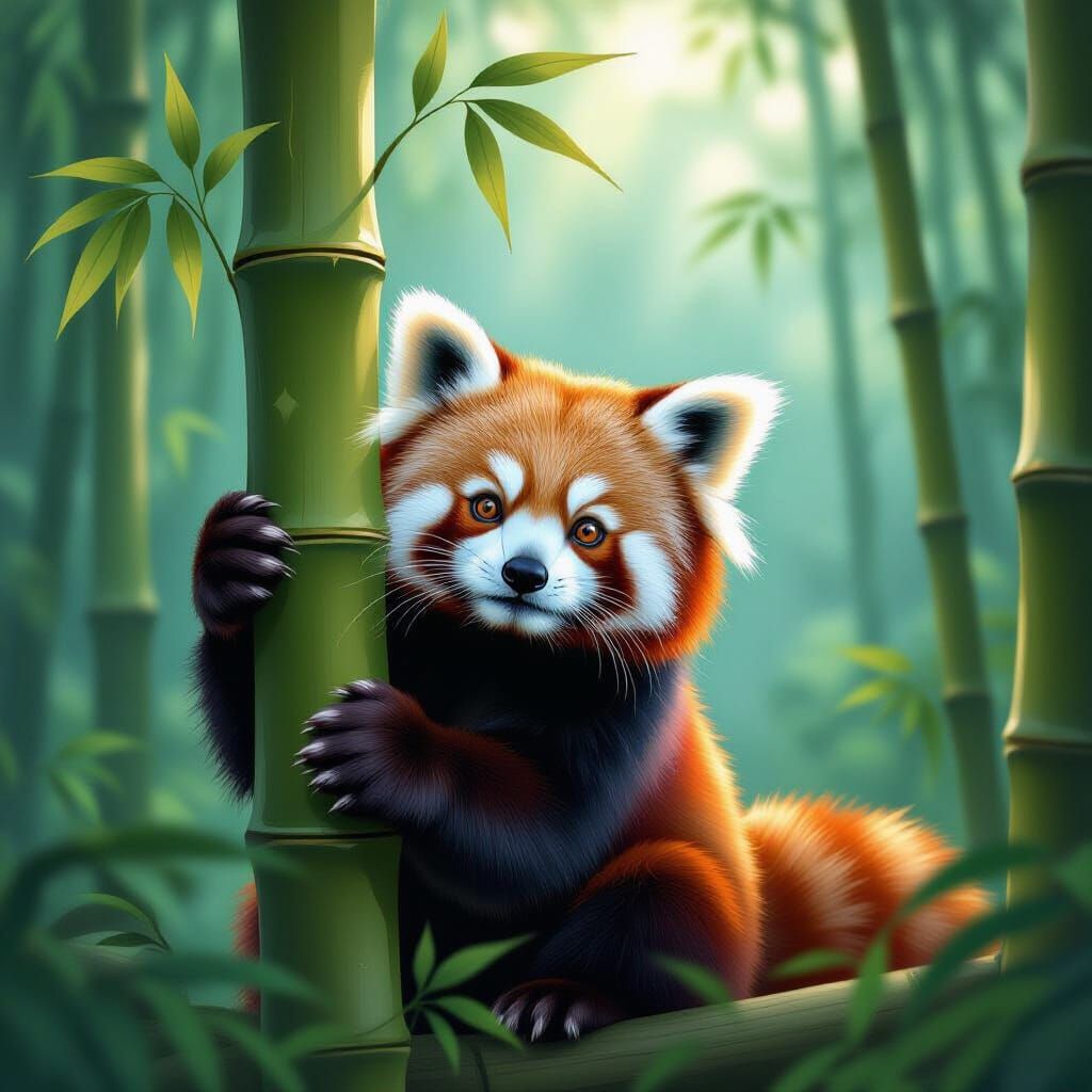 Hyper-Realistic Red Panda Peeks from Glowing Bamboo