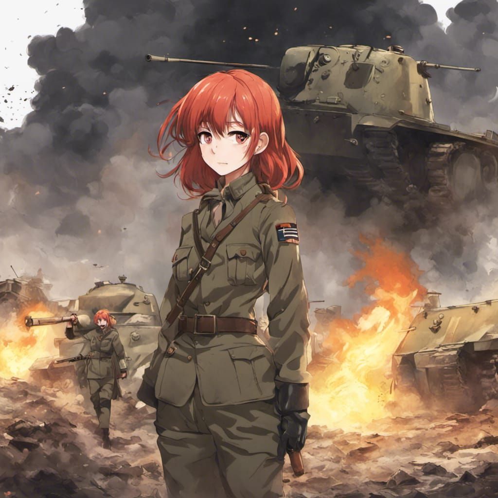 Red-Haired Girl in Anime Style WW2 Landscape
