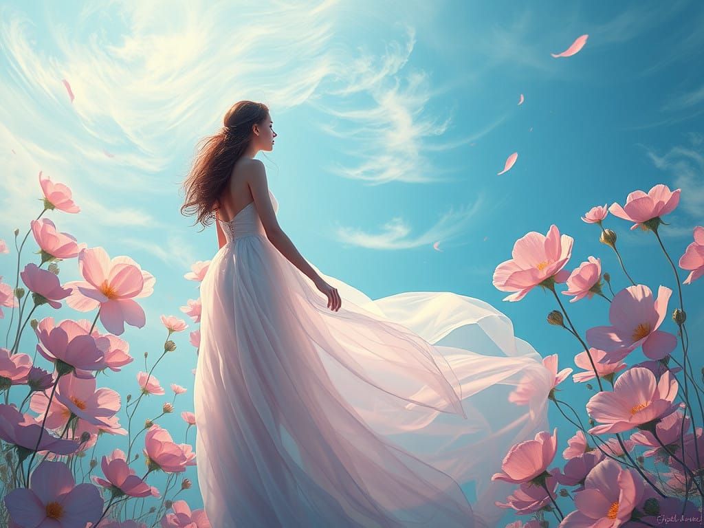 Surreal Dreamscape of a Flowing Goddess in a Vibrant Floral...