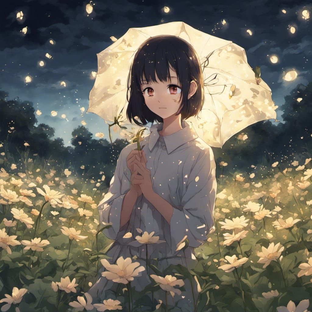 Girl Watching Fireflies in Flower Field: Anime Art