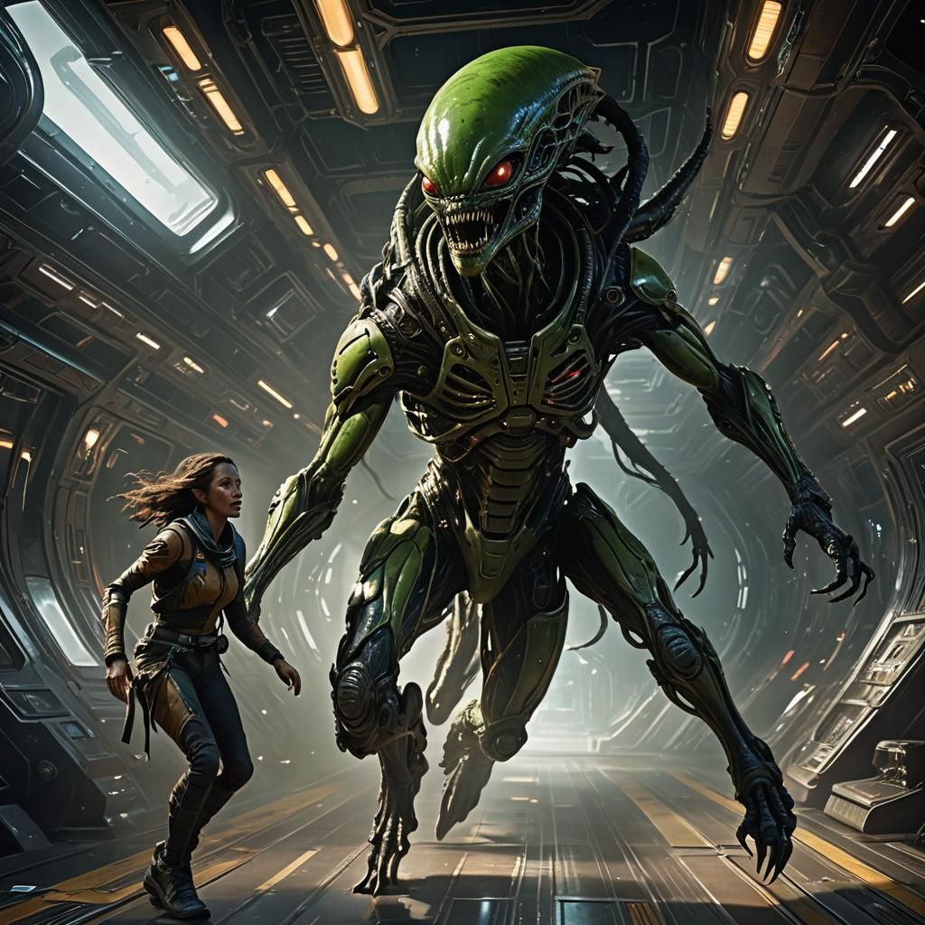 Alien Pursuit on Spaceship: Dark Fantasy Concept Art