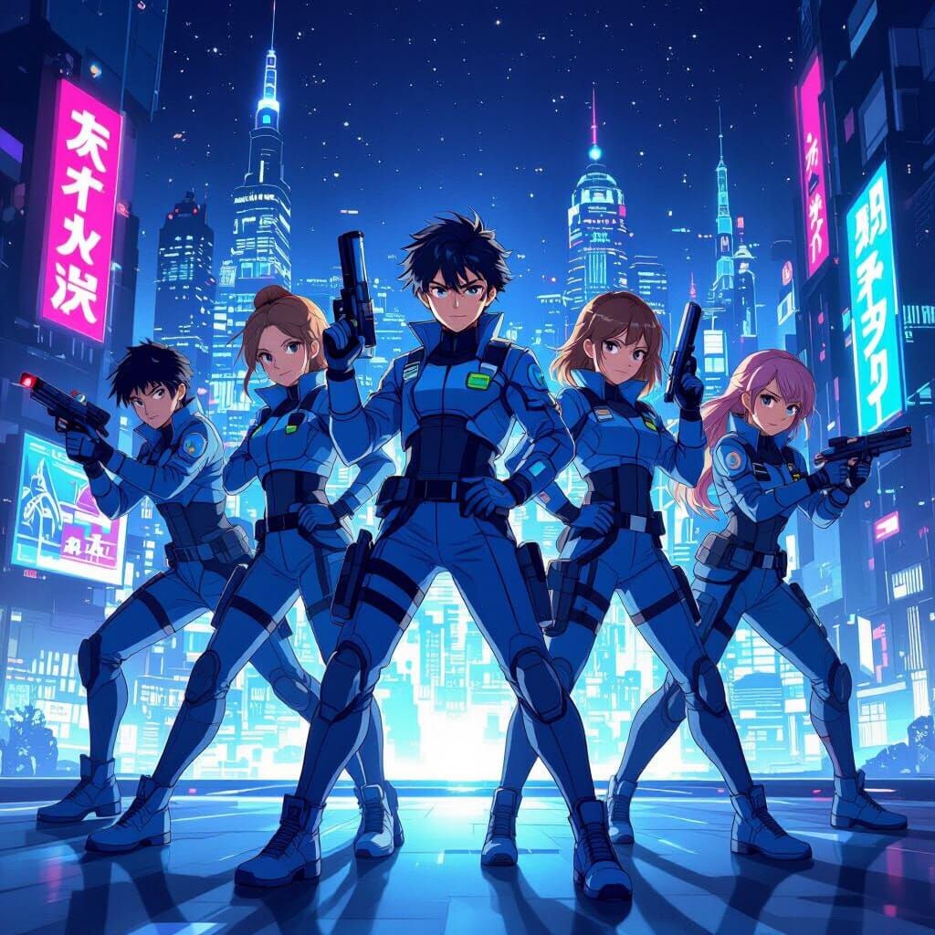Teenage Spies in Futuristic Cityscape in Anime Style