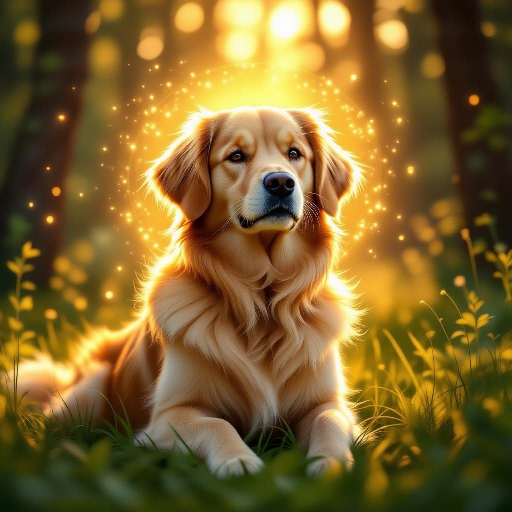 Golden Retriever with Radiant Aura in Sunlit Forest