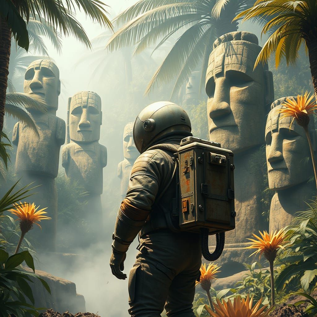 Ancient Jungle Encounter in Retro-Futuristic Space