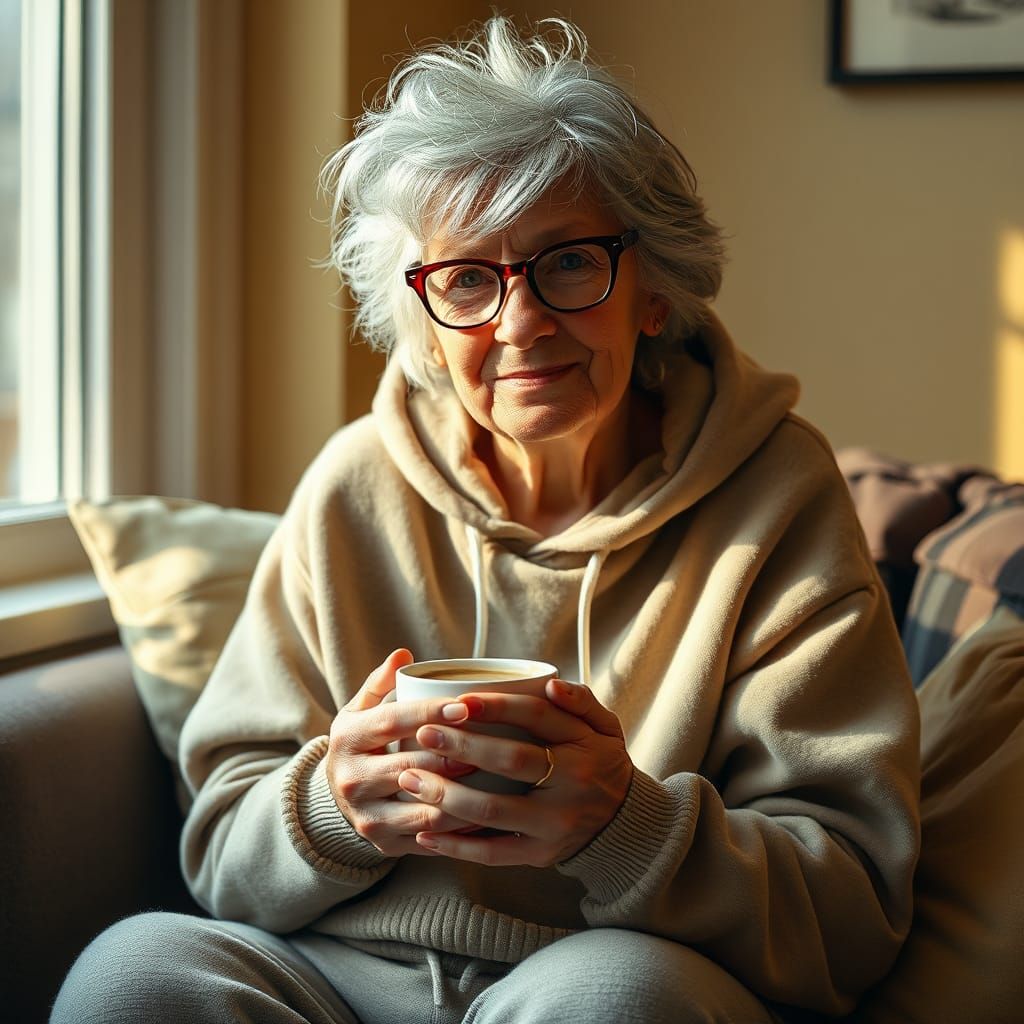 Cozy Morning: Senior Woman with Coffee, Impressionistic Port...